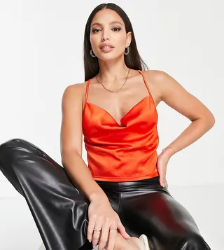 Parisian Tall satin cami strap top with cowl neck in orange