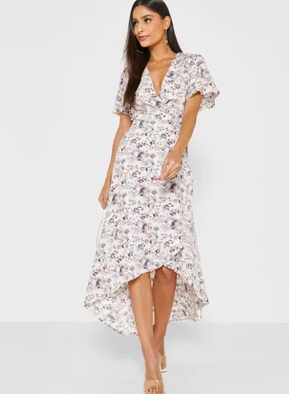 High Low Floral Print Wrap Dress