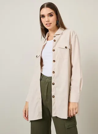 Corduroy Double Flap Pocket Oversized Longline Shirt