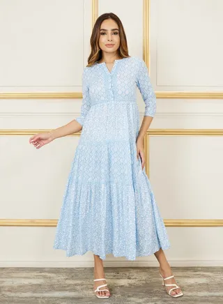Block Print Lace Insert Front Button Closure Tiered Maxi Dress