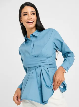 Cotton Regular Fit Wrap Front Shirt
