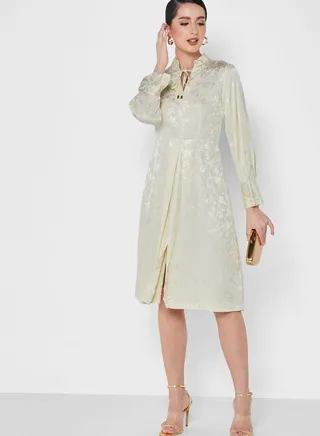 Pleated Shoulder Placket Dress