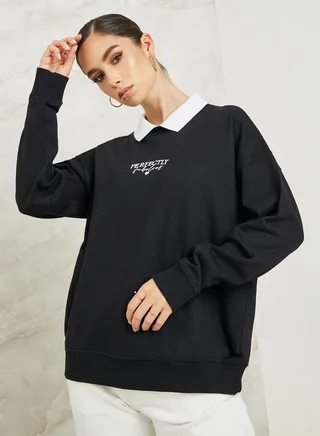Regular Fit Contrast Rib Collar Sweatshirt with Embroidery