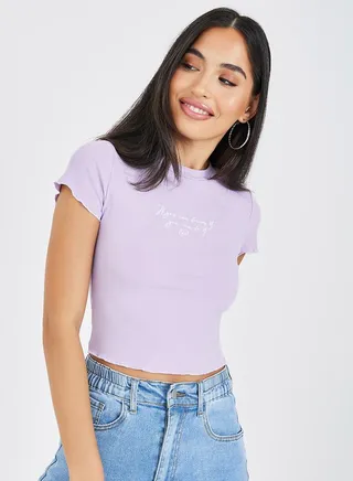 Embroidery Detail Round Neck Ribbed Crop T-Shirt