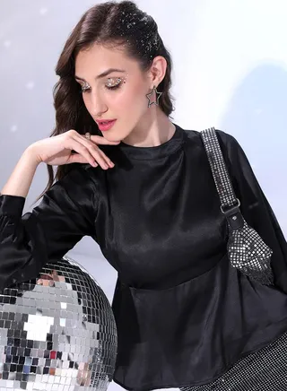 Round Neck Cuffed Sleeve Peplum Top