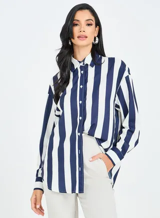 Oversized Striped Collared Longline Shirt