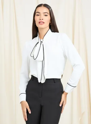 Contrast Piped Detail Tie Up Neck Blouse