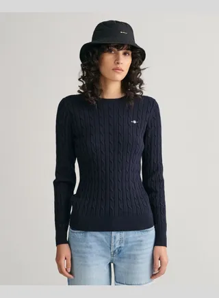 Stretch Cotton Cable Knit Crew Neck Sweater