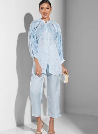 Embroidered Button Detail and Pants Set