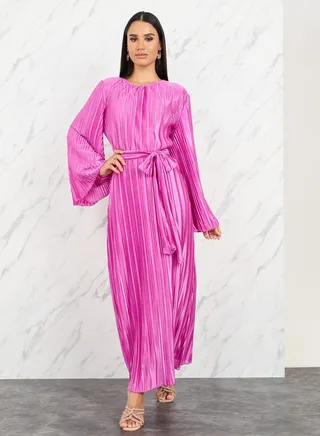 Satin Pleated Flared Sleeves Maxi Dress with Self Tie Up