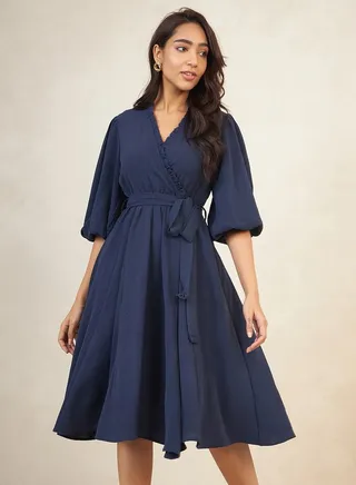 Crinkle Detail A-Line Midi Wrap Dress