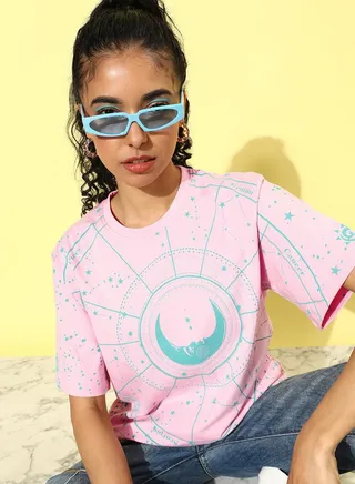 Oversized All Over Moon Print T-Shirt with Short Sleeves