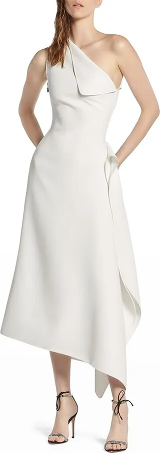 Soothe Asymmetric Draped One-Shoulder Midi Dress