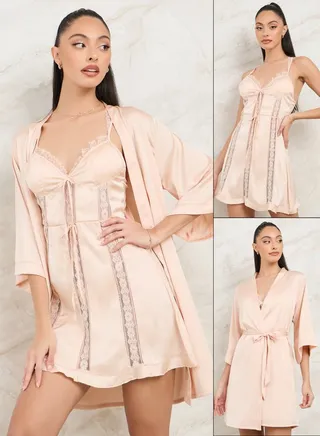 Pack of 2 - Lace Detail Satin Slipdress & Robe