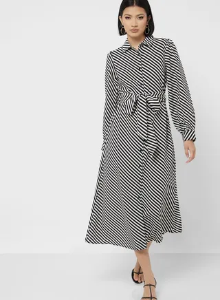 Balloon Sleeve Striped Button Down Dress