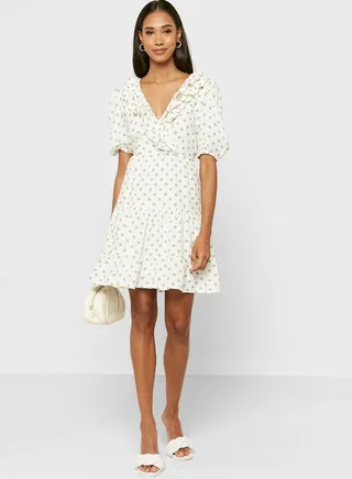 Puff Sleeve Polka Dot Ruffle Detail Dress