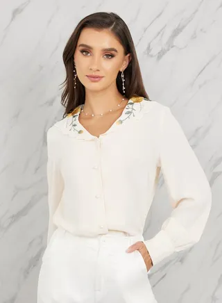 Relaxed Fit Floral Embroidered Peter Pan Collar Shirt