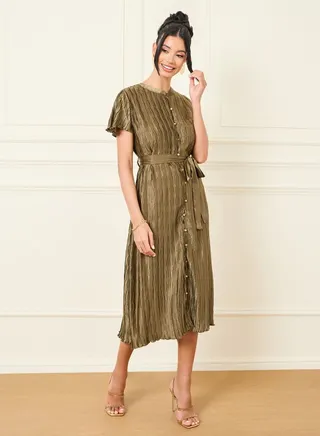 Plisse Button Detail Self Tie Up Midi Dress
