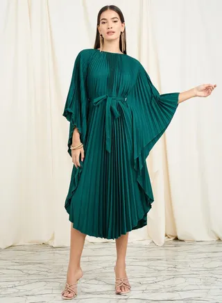 Accordion Pleats Handkerchief Hem Midi Dress with Self Tie Up