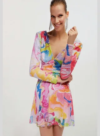Printed Ruched Detail Dress