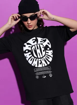Oversized Slogan Print High Neck T-Shirt