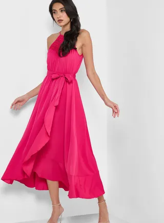 Halter Embroidered Yoke Belted Dress