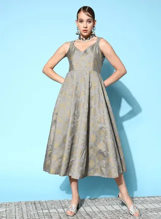 Brocade Floral Print Sweetheart Neck Anarkali Midi Dress