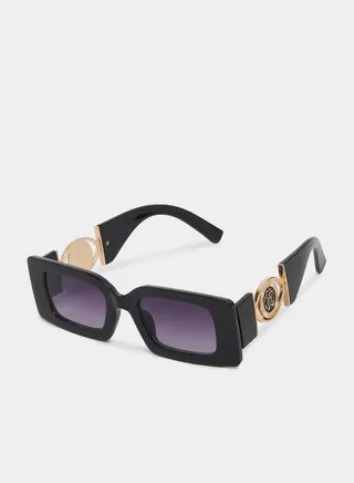 Full Rim Rectangle Frame Sunglasses with Metal Detail Arm