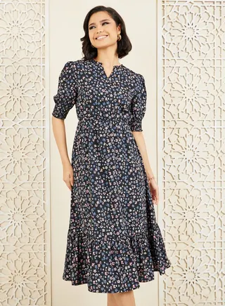 Ditsy Floral Print Ruffle Hem A-Line Midi Dress