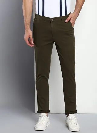 Solid Cotton Men's Casual Trouser, Tapered Fit, Mid Rise, Ankle Length Chinos Trousers Pant for Men Olive