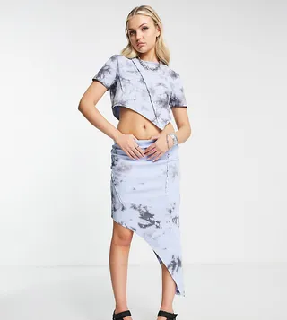 COLLUSION tie dye asymmetric hem midi skirt in blue - part of a set