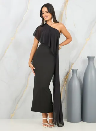 Ruffle One Shoulder Sleeves Bodycon Maxi Dress