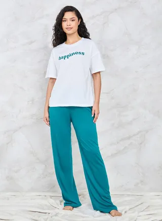 Slogan Printed Drop Shoulder T-Shirt & Pyjama Set
