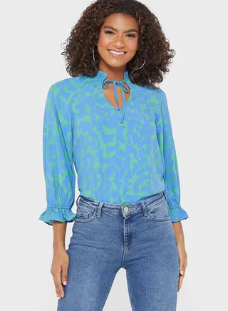 Tie Neck Printed Ruffle Detail Top