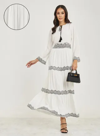 Contrast Print Tie-Up Neck Tiered Maxi Dress