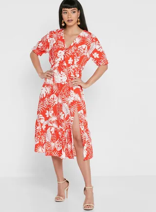 Side Split Floral Print Dress
