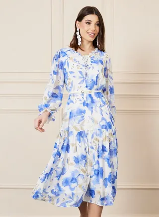 Floral Print Ruffle Detail Belted A-Line Midi Dress