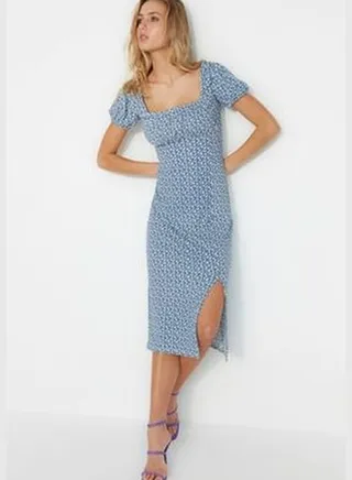 Navy Blue Printed Knitted Midi Dress with a Slit Detail Fitted/Situated Square Collar TWOSS23EL00713