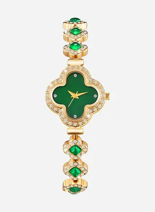 Green and Gold Emerald Flower Watch, 28mm