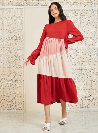 Colorblock Gathered Detail Tiered Midi Dress