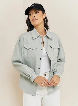 Popper Button Oversized Shirt with Flap Pocket