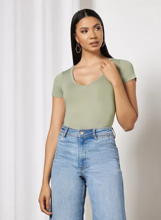 V-Neck Short Sleeve Bodysuit