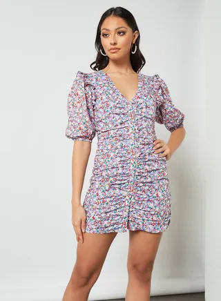 Ditsy Print Ruched Front Dress