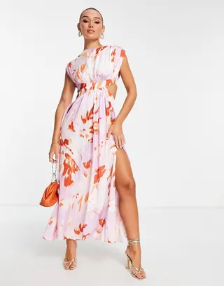 ASOS DESIGN cut out sleeveless midi dress in lilac blurred floral