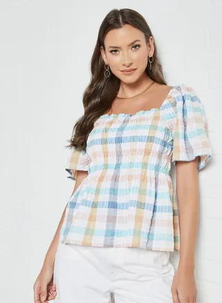 Checkered Shirred Top