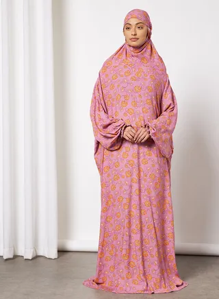 Praying Dress With Floral Prints And Attached Veil