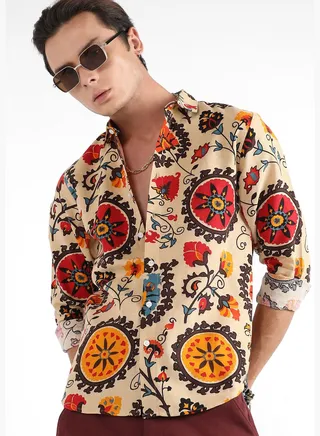 Printed Spread Collar Long Sleeve Shirt