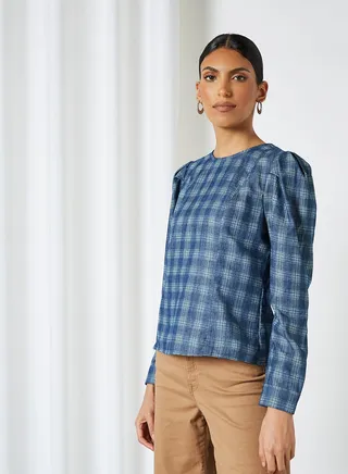 Checked Puff Sleeve Top
