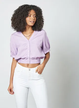 Button Down Cropped Blouse