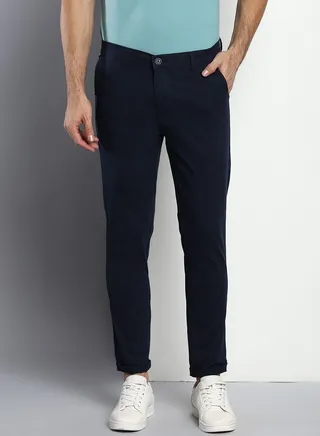 Solid Cotton Men's Casual Trouser, Tapered Fit, Mid Rise, Stretchable Ankle Length Chino Trousers Pant for Men Navy